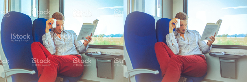 Links: Bild eines Bahnreisenden mit Wasserzeichen – Rechts: gekauftes Bild eines Bahnreisenden ohne Wasserzeichen.